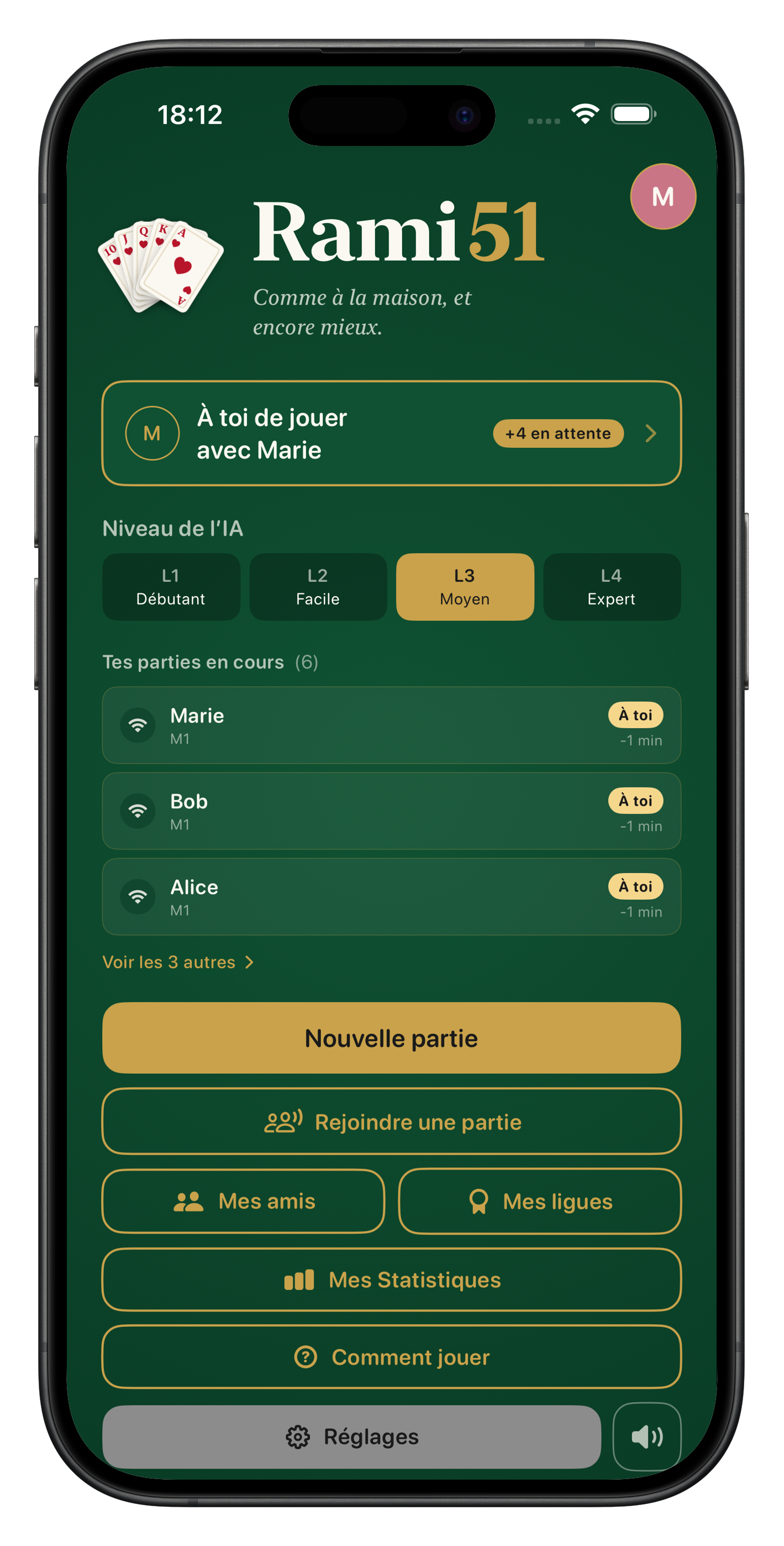 Écran d'accueil Rami 51 — plusieurs parties accessibles